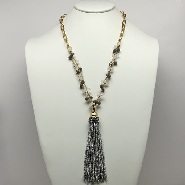 Glass Beaded Strands w/Long Tassel Pendant Necklace