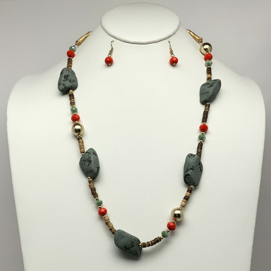 Stones w/Wooden Beads and Crystals Necklace