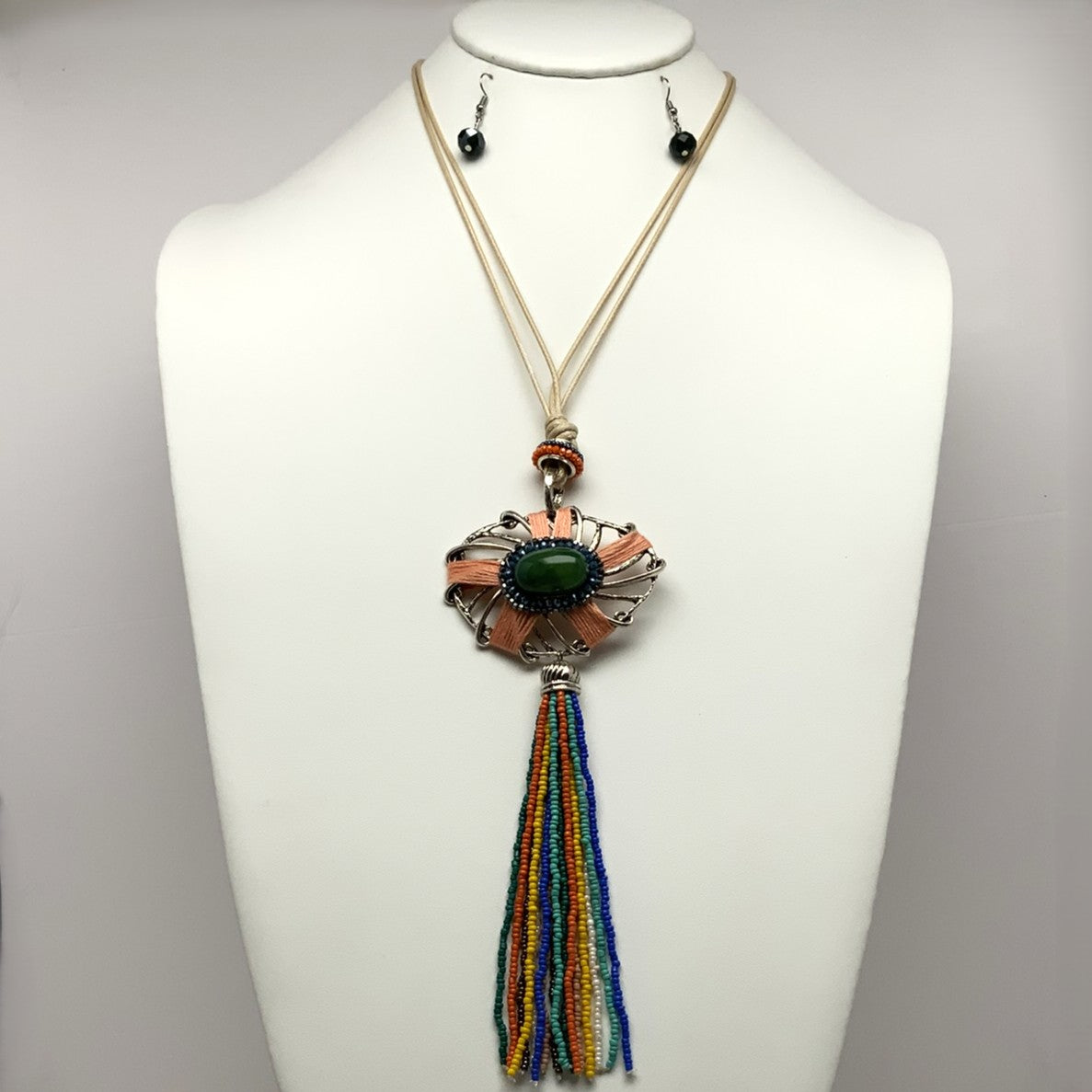 Enamel Stone w/Pendant Tassel Necklace