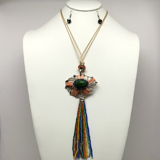Enamel Stone w/Pendant Tassel Necklace