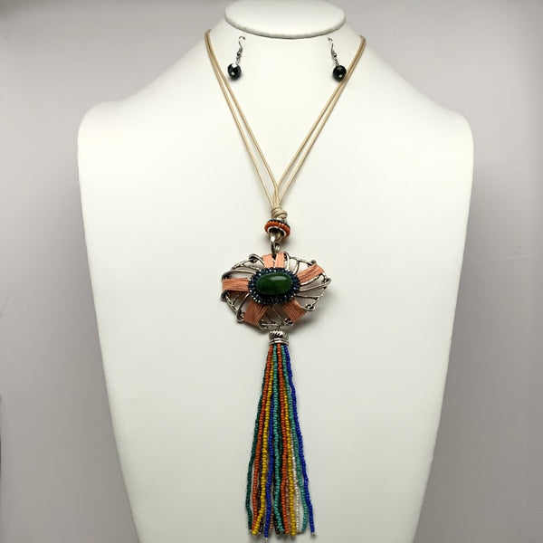 Enamel Stone w/Pendant Tassel Necklace