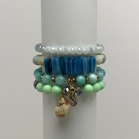 Beaded Layering Stack w/ Conch Shell Seahorse Bracelet