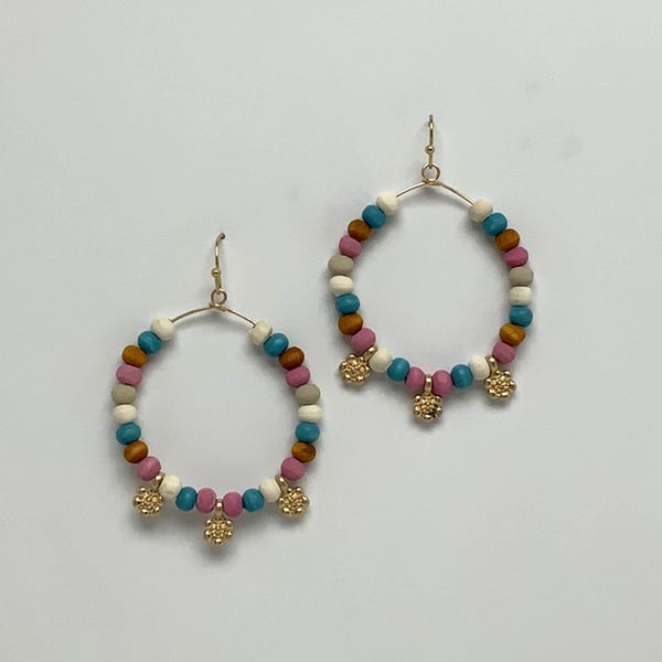 Wooden Bead Flower Charm Earrings
