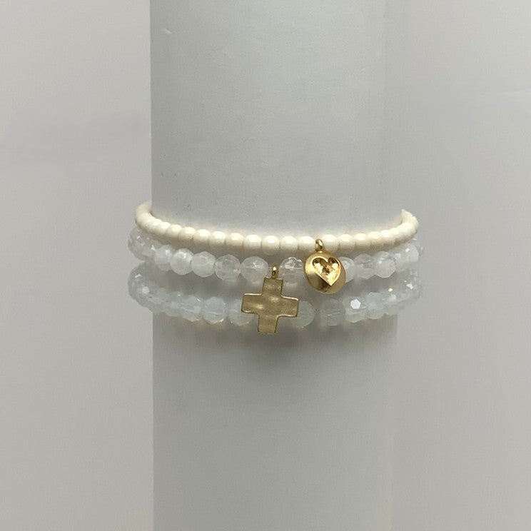 Beaded Stack w/ Carved Heart and "+" Pendant Bracelet