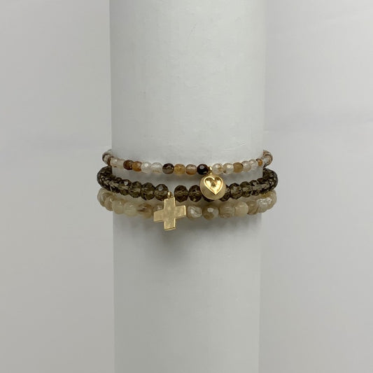 Beaded Stack w/ Carved Heart and "+" Pendant Bracelet