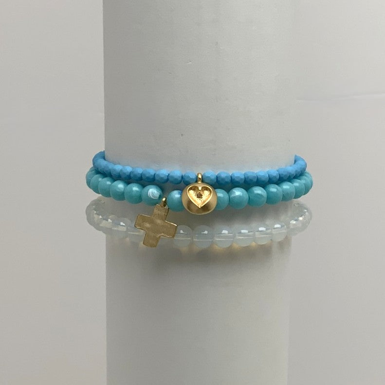 Beaded Stack w/ Carved Heart and "+" Pendant Bracelet