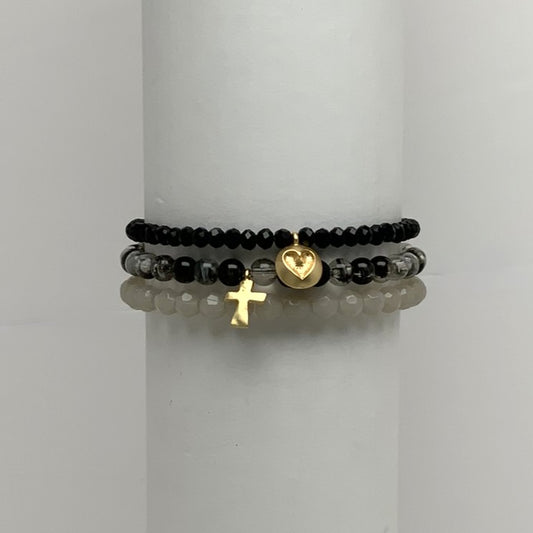 Beaded Stack w/ Small Carved Heart and Cross Pendant Bracelet