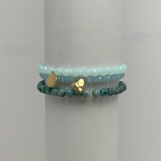 Crystal Beaded Stack Textured Heart Cross Stamp Pendant Bracelet