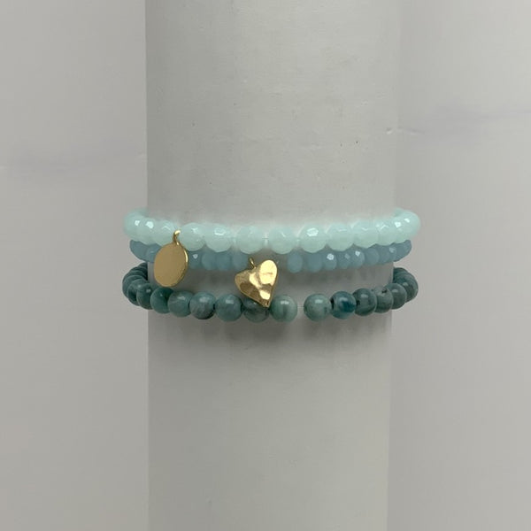 Crystal Beaded Stack Textured Heart Cross Stamp Pendant Bracelet