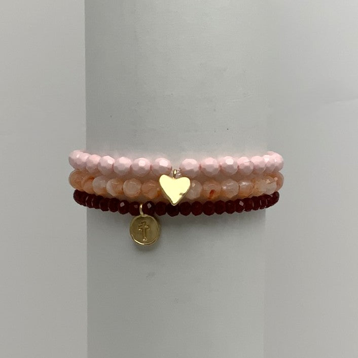 Crystal Beaded Stack Textured Heart Cross Stamp Pendant Bracelet