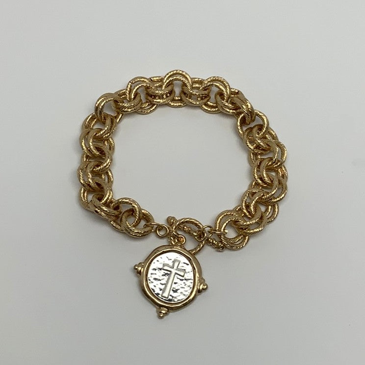 Double Circle Chain Link Cross Pendant Toggle Clasp Bracelet