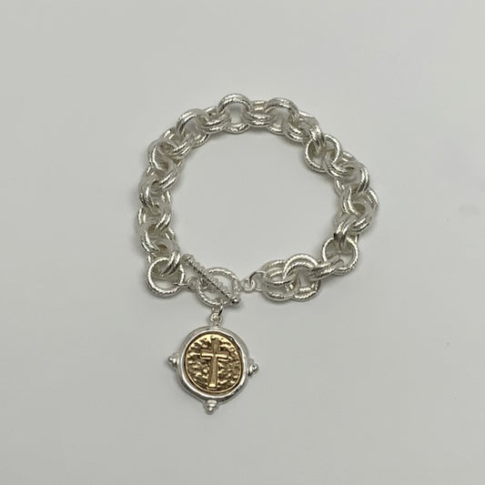 Double Circle Chain Link Cross Pendant Toggle Clasp Bracelet
