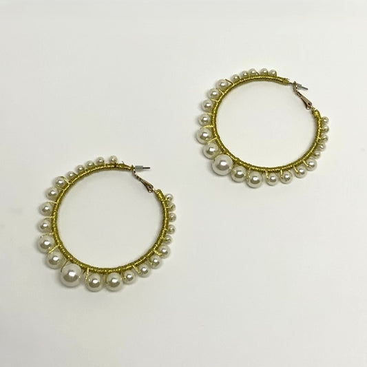Metallic Cord Wrapped Pearl Beaded Hoop Earrings