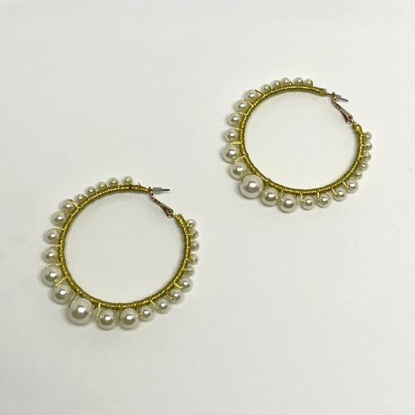 Metallic Cord Wrapped Pearl Beaded Hoop Earrings