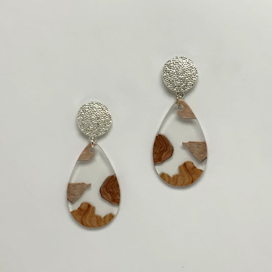 Textured Metal Stud Lucite Teardrop Wood Spot Earrings