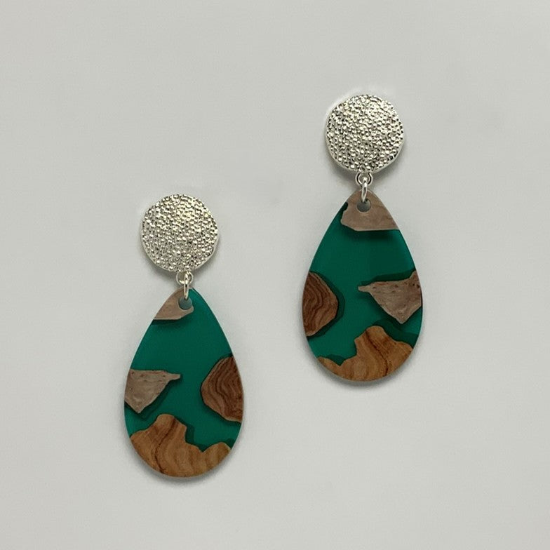 Textured Metal Stud Lucite Teardrop Wood Spot Earrings