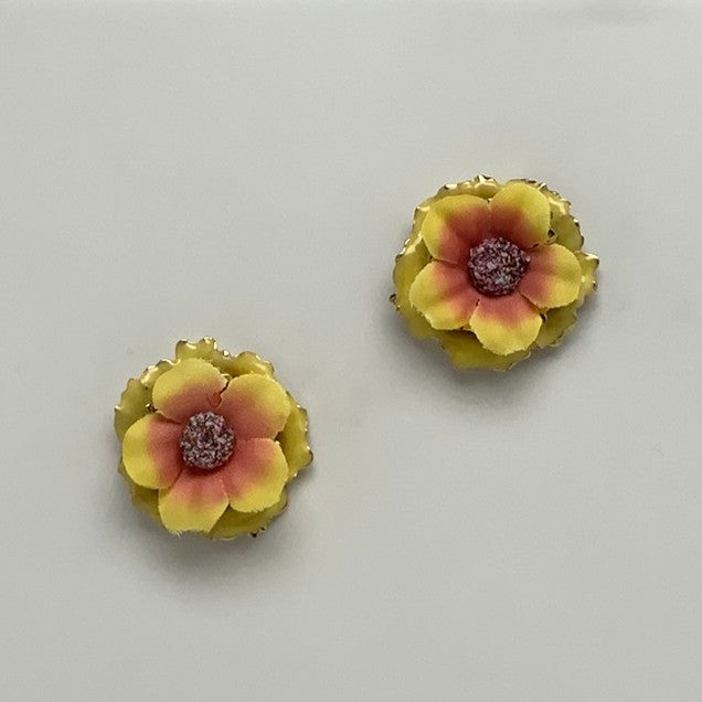 Layered Metal Fabric Flower Earrings