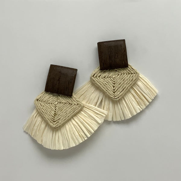 Square Wood Stud Twine Tassel Earrings
