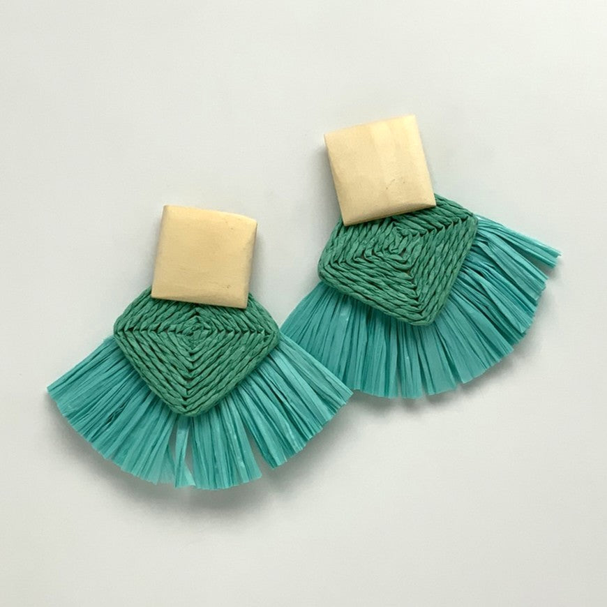 Square Wood Stud Twine Tassel Earrings