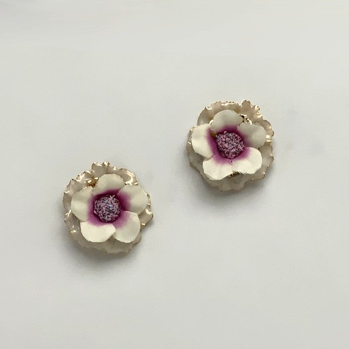 Layered Metal Fabric Flower Earrings