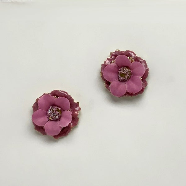 Layered Metal Fabric Flower Earrings