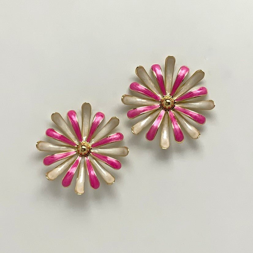 Double Layered Metal Enamel Petal Flower Earrings