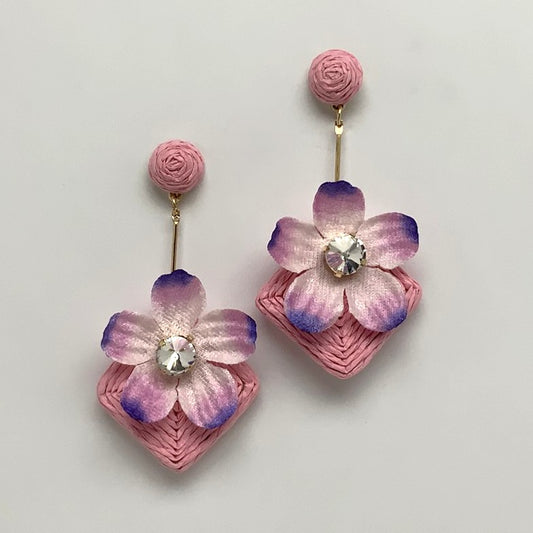 Twine Metal Line Drop Flower Crystal Earring