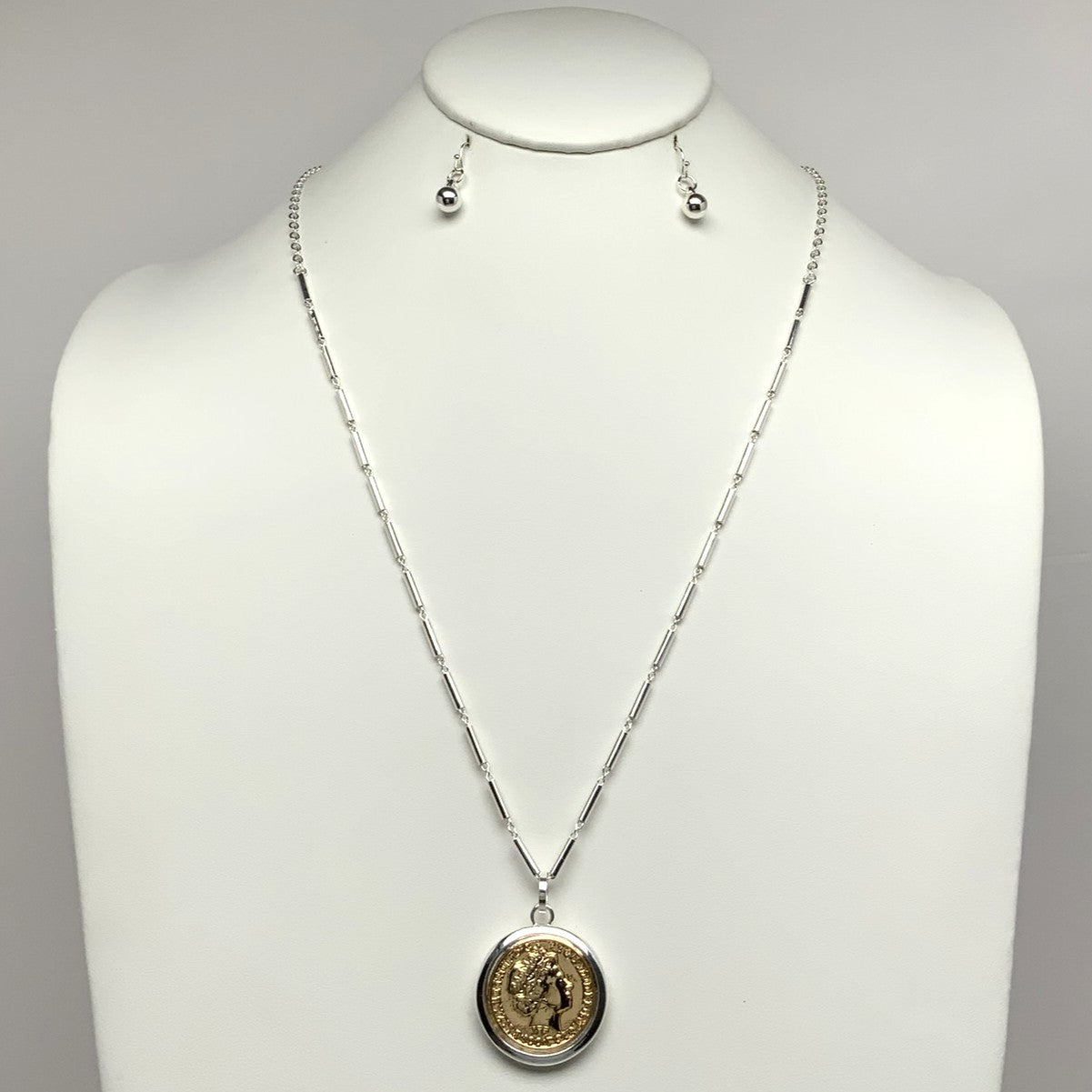 Long Cylinder Chain Coin Pendant Necklace Set
