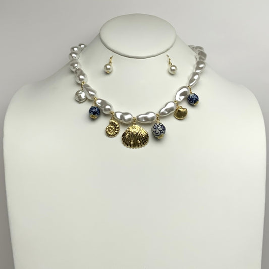Baroque Pearl w/Plated Seashells Necklace