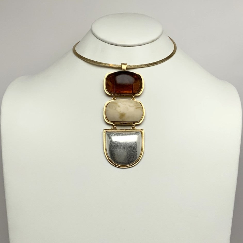 Gold Brass Collar w/Three Large Stacked Stones