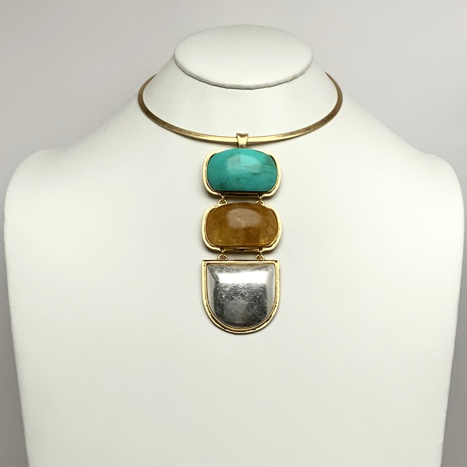 Gold Brass Collar w/Three Large Stacked Stones