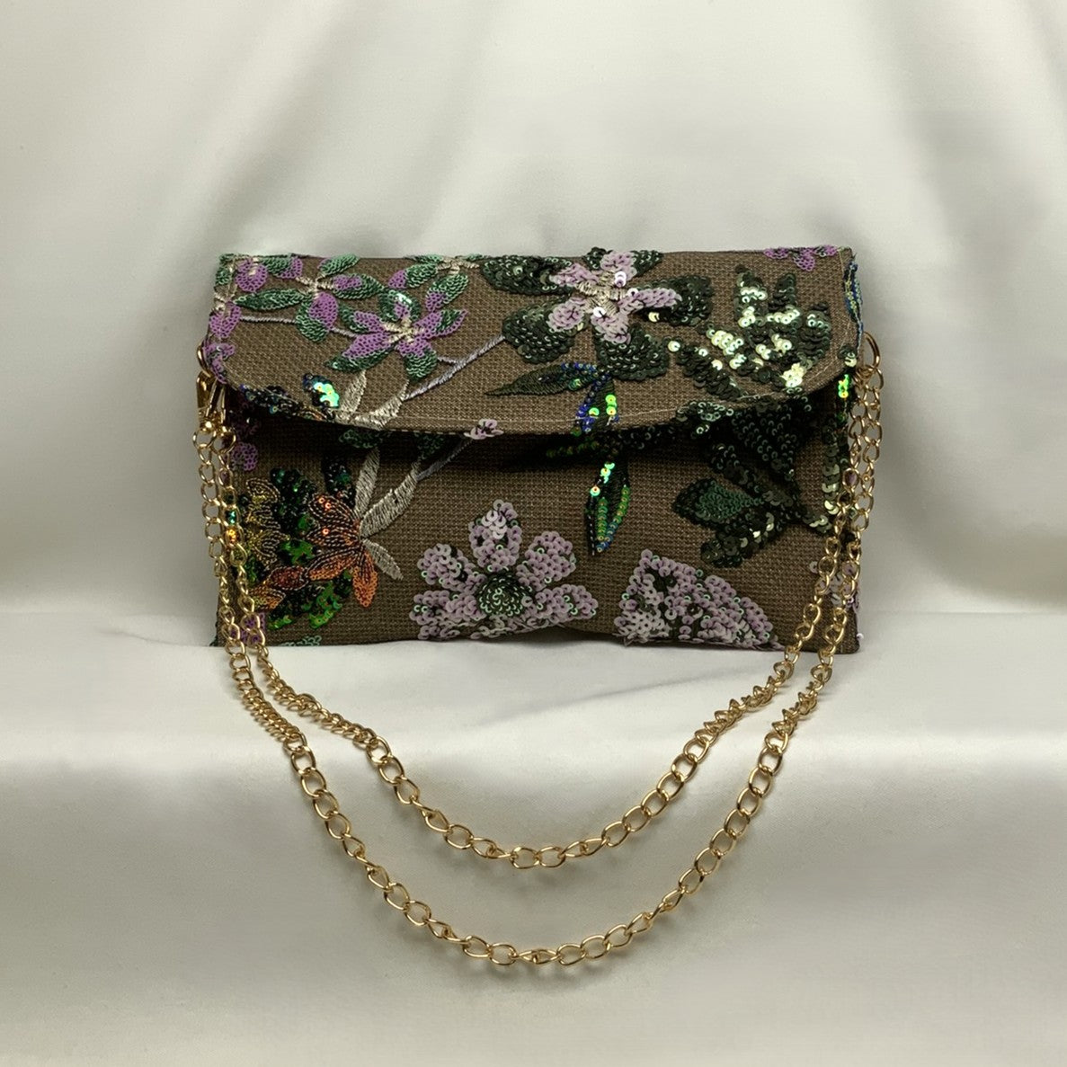 Botanical Embroidered Sequins Mesh Flat Crossbody Purse