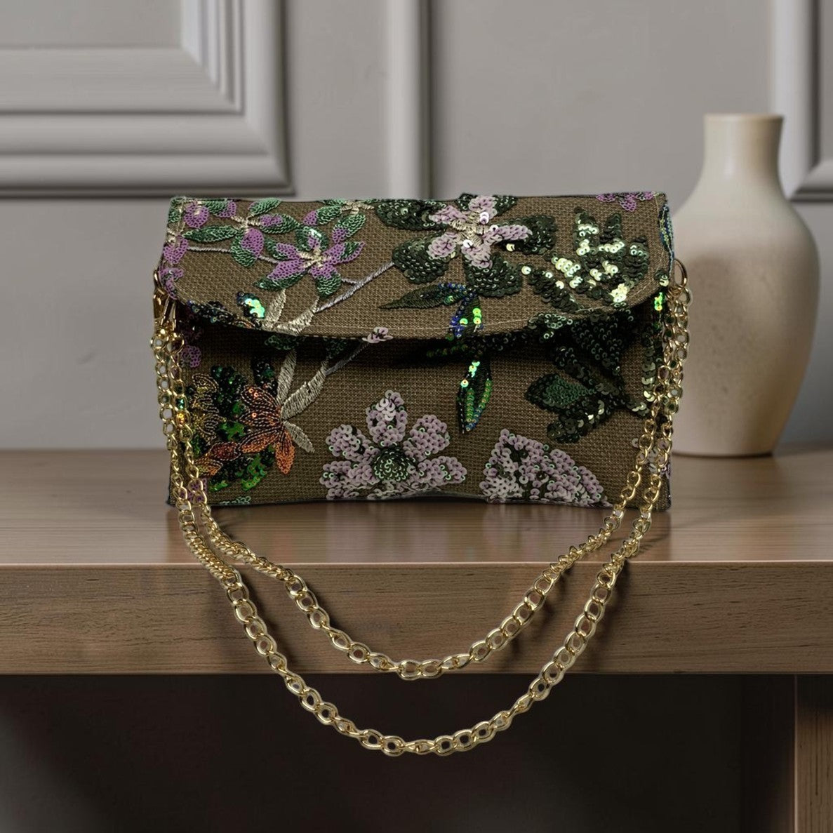 Botanical Embroidered Sequins Mesh Flat Crossbody Purse