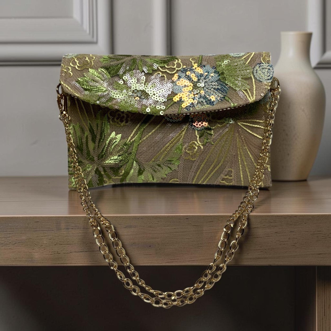 Botanical Embroidered Sequins Mesh Flat Crossbody Purse