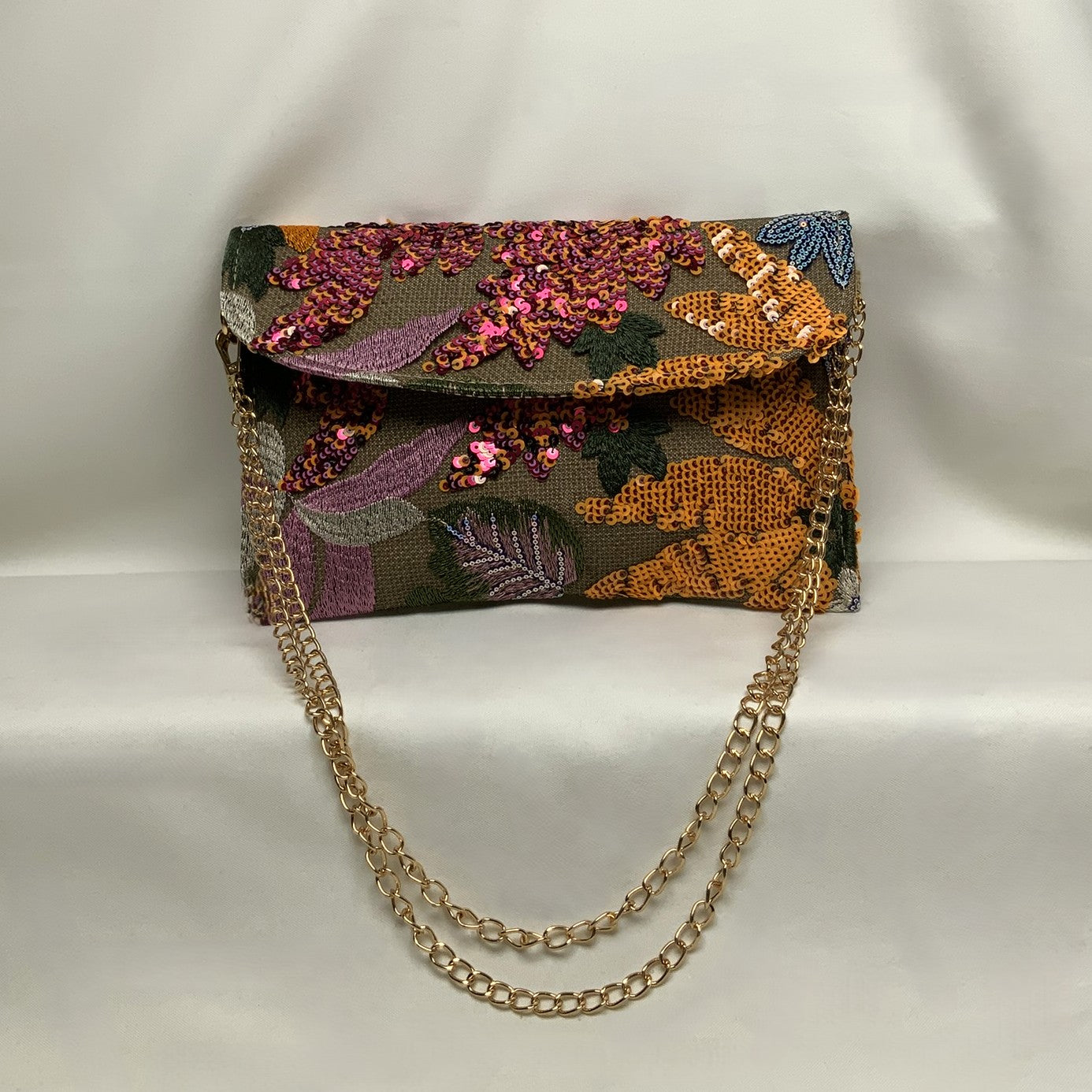Botanical Embroidered Sequins Mesh Flat Crossbody Purse