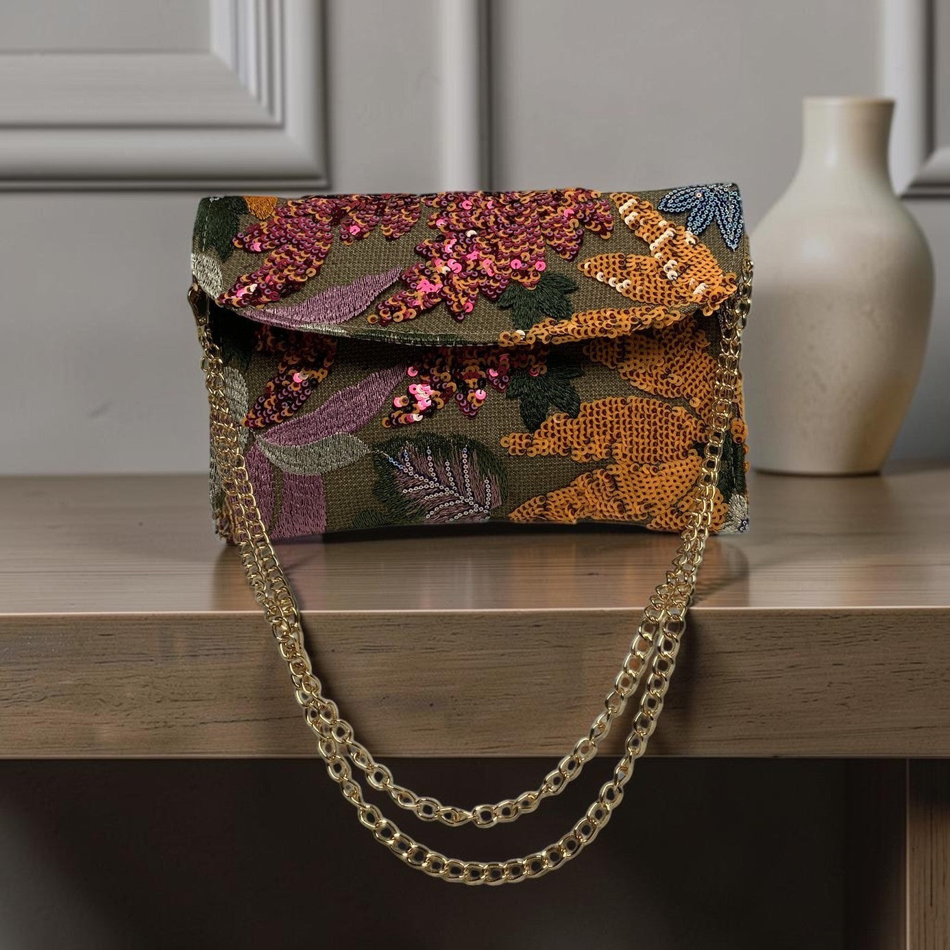 Botanical Embroidered Sequins Mesh Flat Crossbody Purse