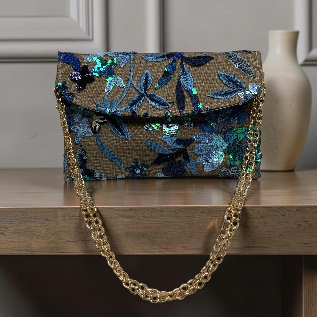 Botanical Embroidered Sequins Mesh Flat Crossbody Purse