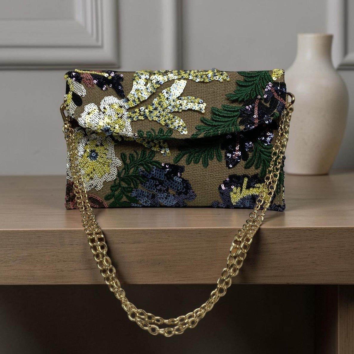 Botanical Embroidered Sequins Mesh Flat Crossbody Purse