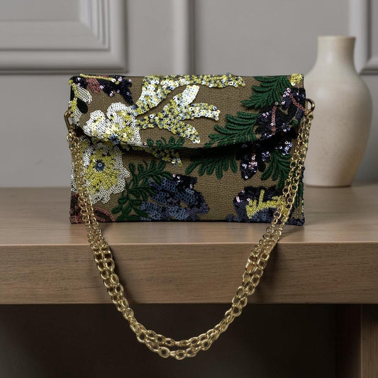 Botanical Embroidered Sequins Mesh Flat Crossbody Purse