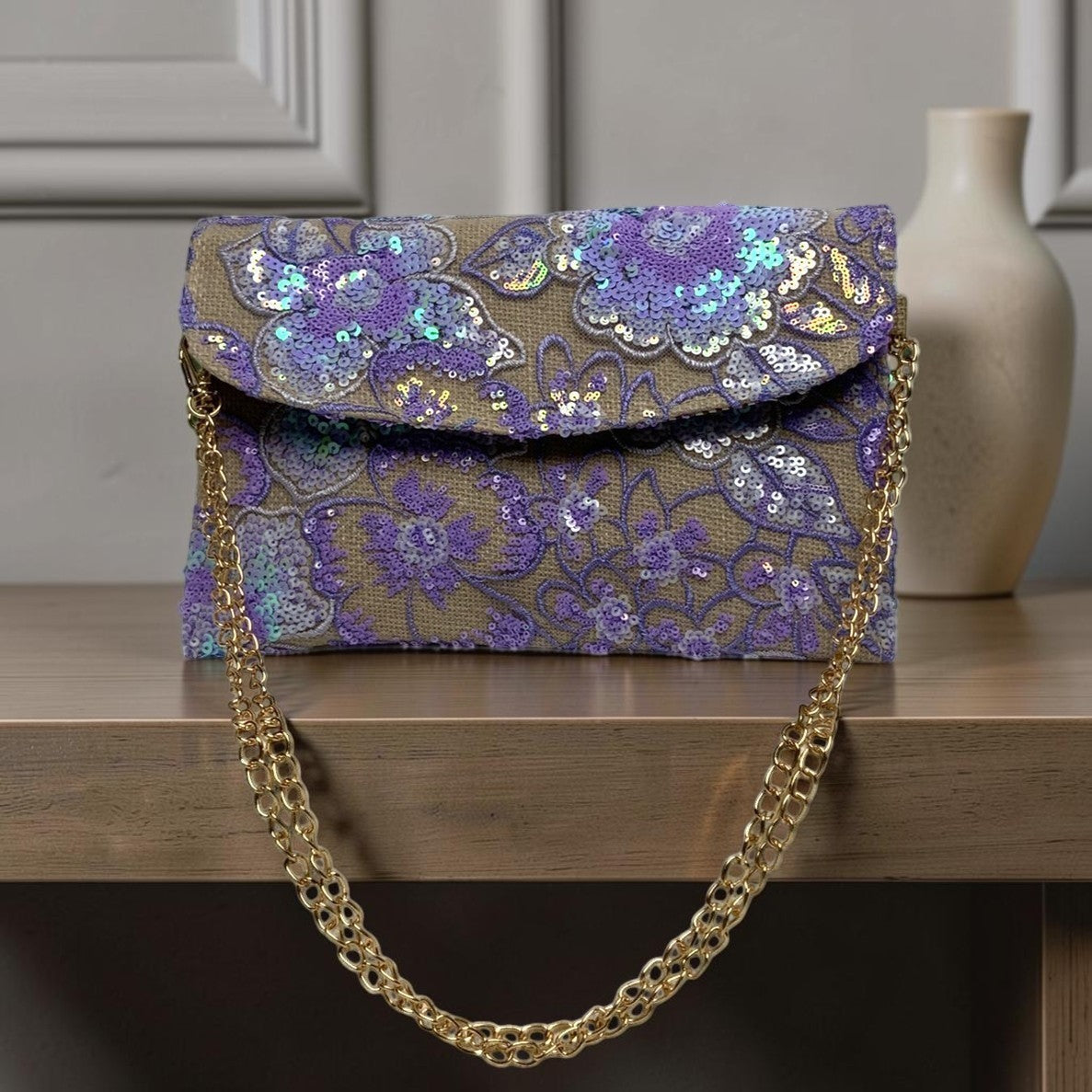 Botanical Embroidered Sequins Mesh Flat Crossbody Purse