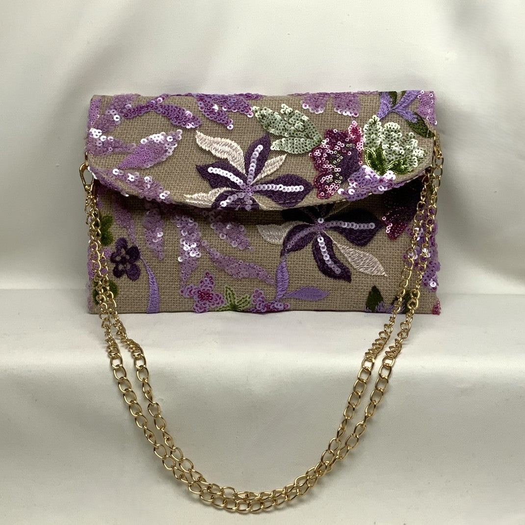 Botanical Embroidered Sequins Mesh Flat Crossbody Purse
