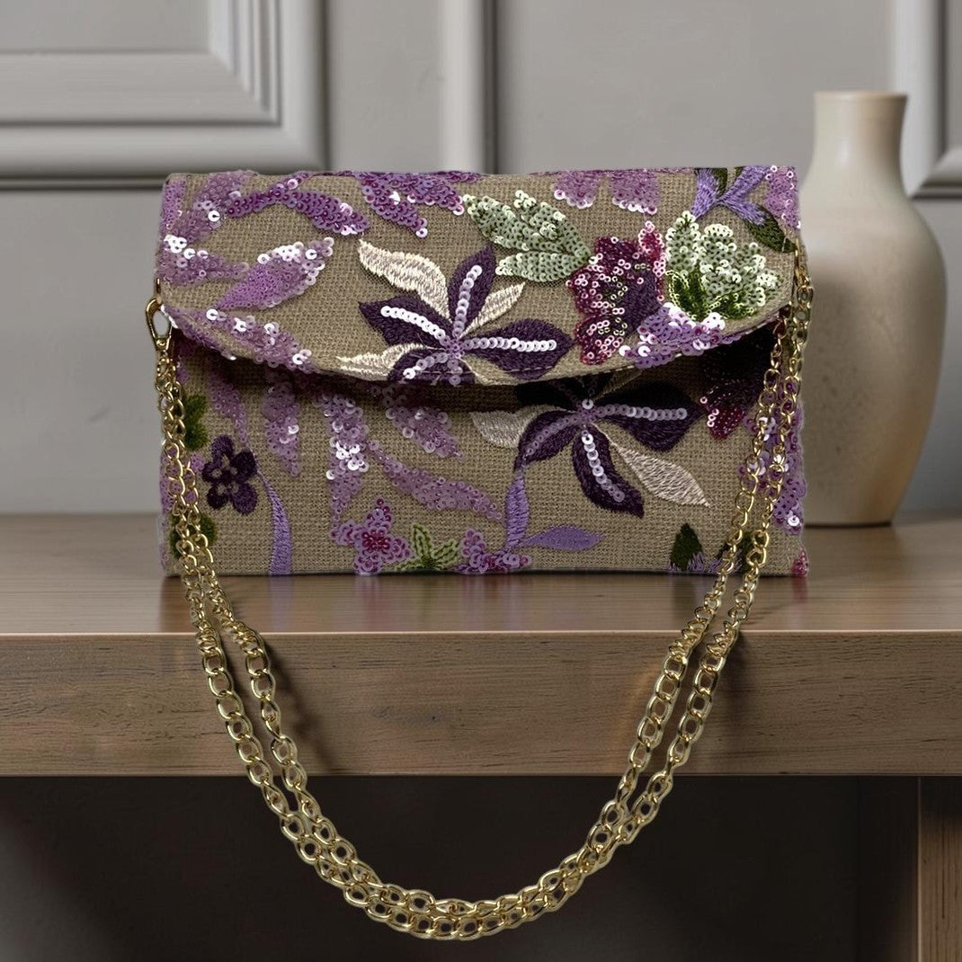 Botanical Embroidered Sequins Mesh Flat Crossbody Purse