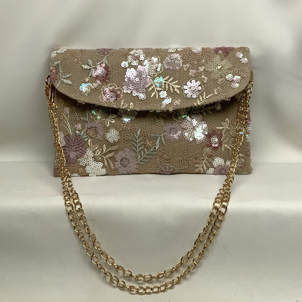 Botanical Embroidered Sequins Mesh Flat Crossbody Purse