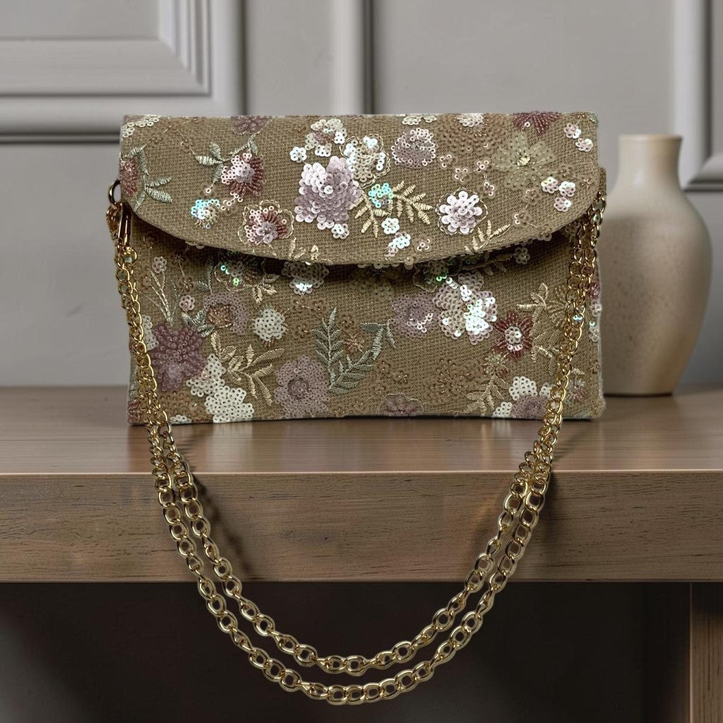 Botanical Embroidered Sequins Mesh Flat Crossbody Purse
