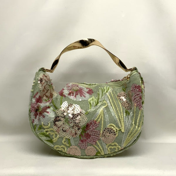 Small Botanical Embroidered Sequins Twisted Metal Handle Handbag
