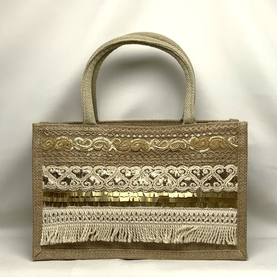 Mid Size Embroidered Design Tassel Canvas Handbag