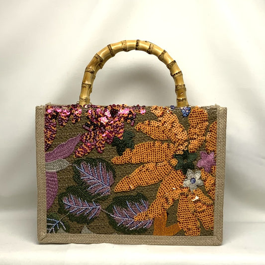Mid Size Botanical Embroidered Sequins Canvas Bamboo Handle Handbag