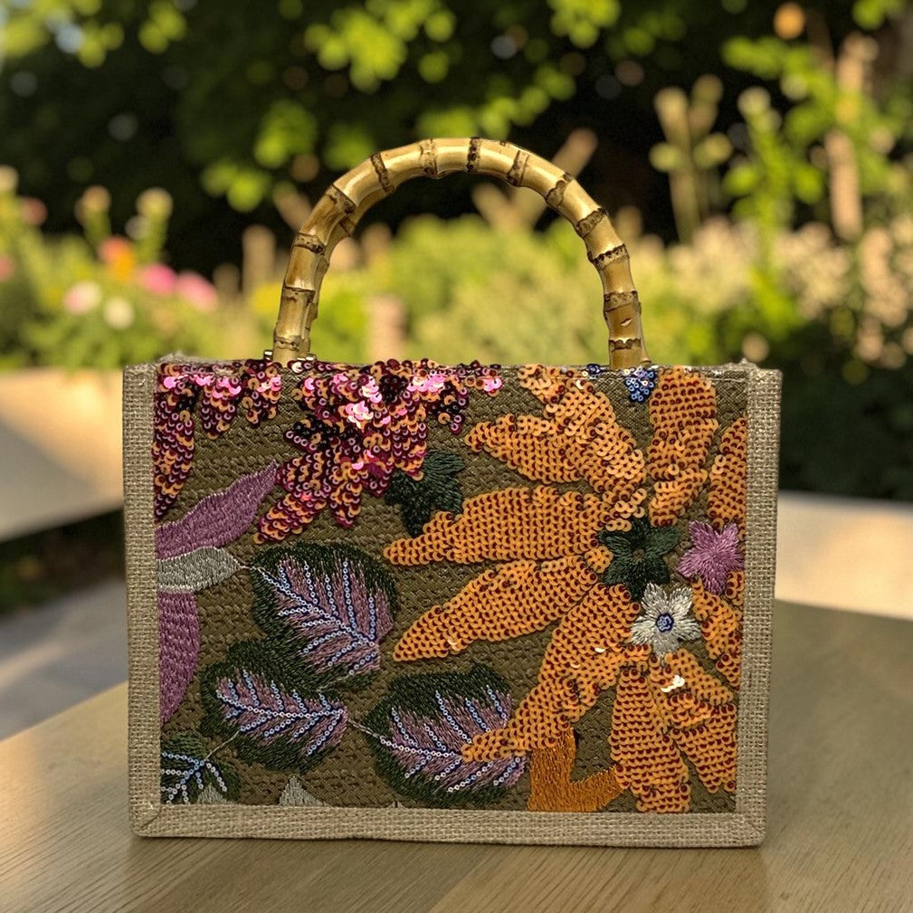 Mid Size Botanical Embroidered Sequins Canvas Bamboo Handle Handbag