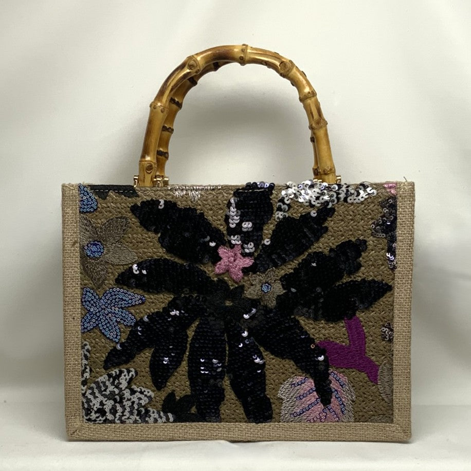 Mid Size Botanical Embroidered Sequins Canvas Bamboo Handle Handbag