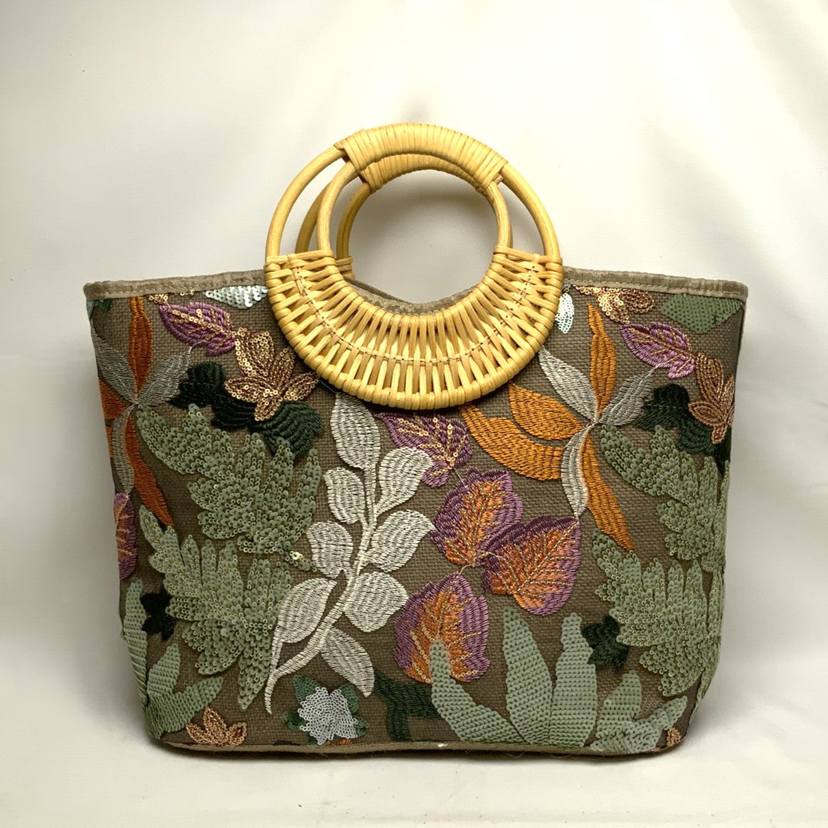 Botanical Embroidered Sequins Wide Canvas Bamboo Circle Handle Handbag